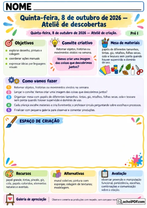 Quinta-feira com ateliê de pintura, desenho e colagem usando materiais variados e escolhas livres.
