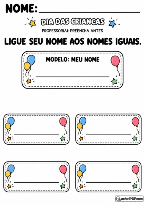 Cartão de nome próprio e cartões de comparação para ligar os nomes exatamente iguais