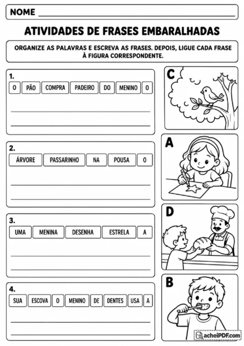 Folha de reconstrução de frases embaralhadas com ligação entre frases escritas e cenas ilustradas