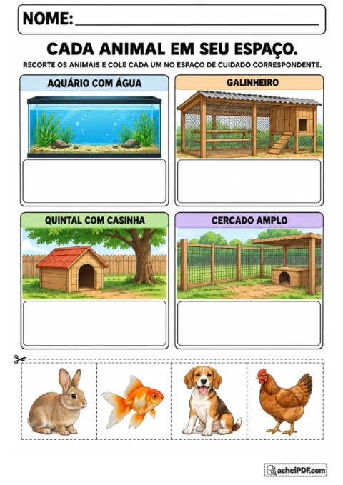 Cartões de coelho, peixe, cachorro e galinha para recortar e colar em aquário, galinheiro, quintal e cercado