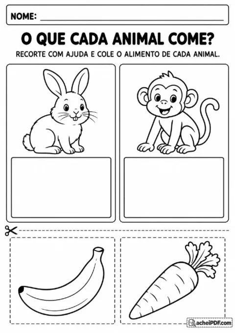 Coelho e macaco com espaços de colagem e cartões recortáveis de cenoura e banana