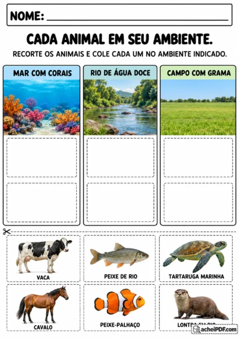 Cartões de animais para recortar e colar em cenas de mar com corais, rio de água doce e campo