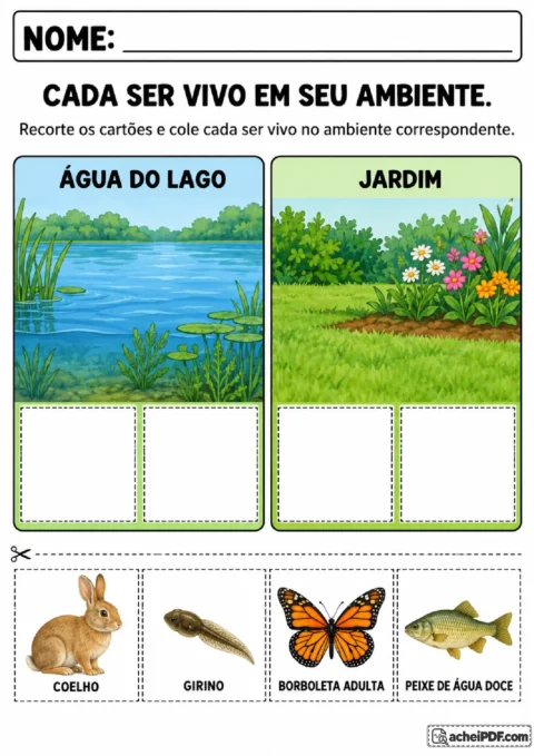 Cartões recortáveis de coelho, girino, borboleta e peixe para colar nos ambientes do lago e do jardim