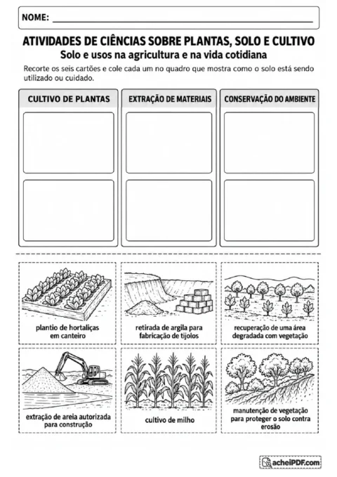 Cartões para recortar e colar sobre cultivo agrícola, extração de materiais e conservação do solo