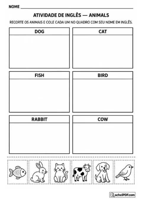 Cartões de seis animais para recortar e colar nos quadros com seus nomes em inglês