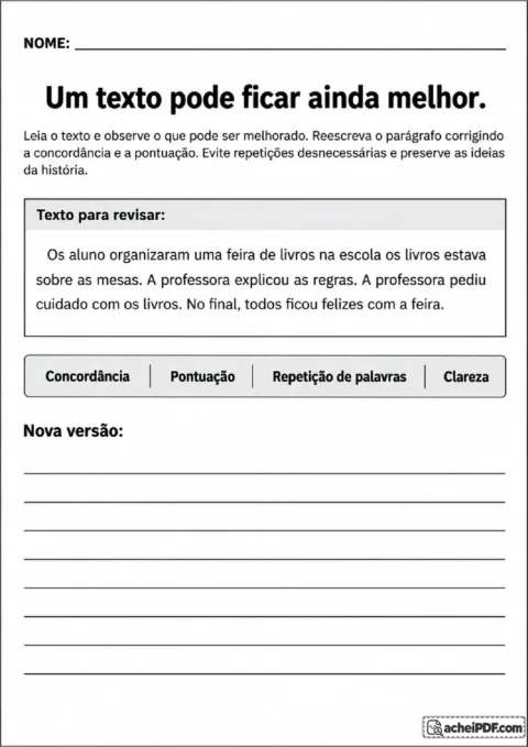 Parágrafo sobre uma feira de livros para corrigir concordância, pontuação e repetição de palavras.