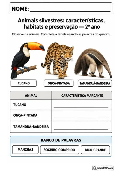 Tabela de características de tucano, onça-pintada e tamanduá-bandeira com banco de palavras para completar