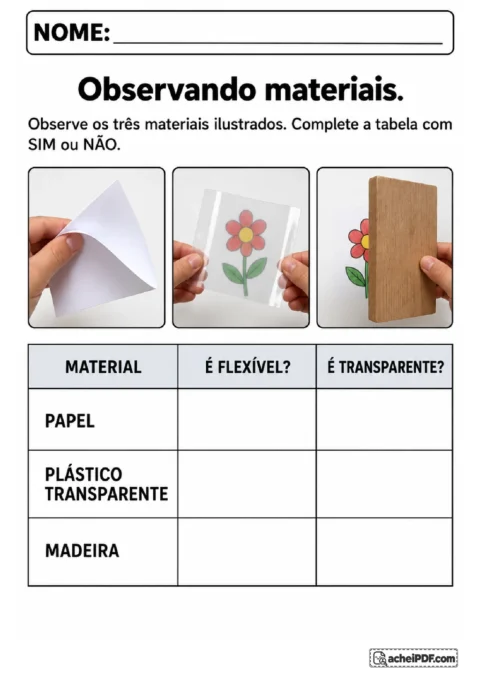 Tabela para registrar flexibilidade e transparência de papel, plástico transparente e madeira
