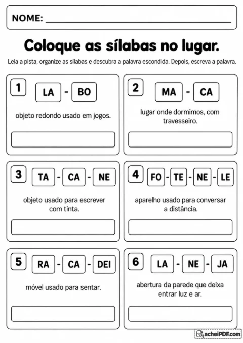 Cartões com sílabas embaralhadas e pistas para reorganizar e escrever nomes de objetos conhecidos.