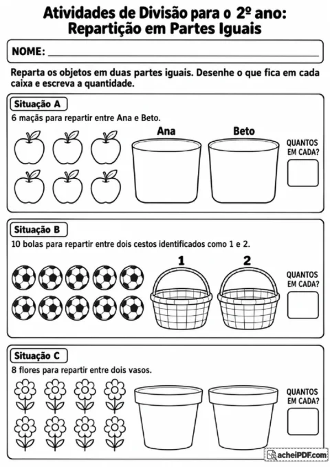 Atividade de divisão com maçãs, bolas e flores para repartir igualmente entre dois recipientes