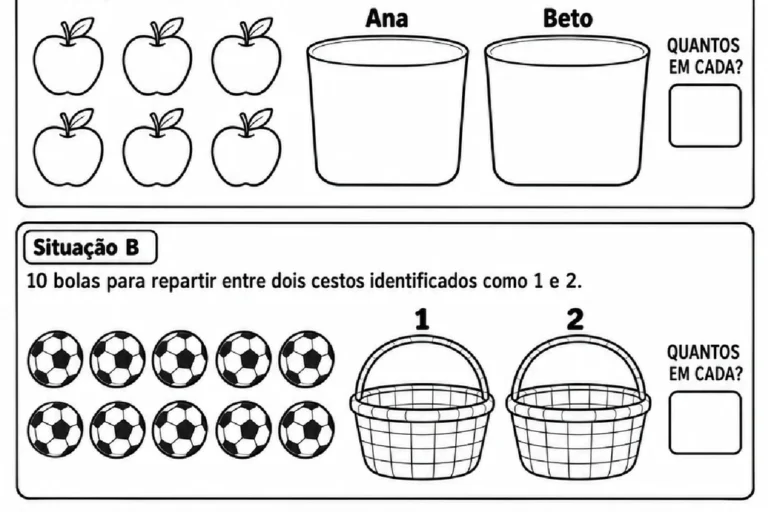 Atividade de divisão com maçãs, bolas e flores para repartir igualmente entre dois recipientes