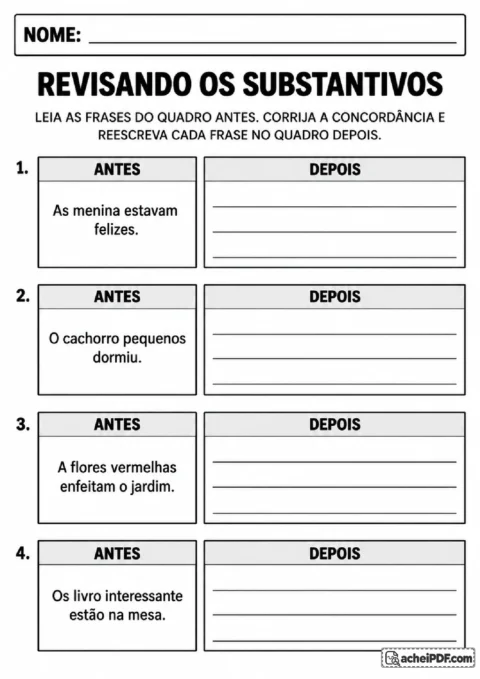 Exercício de revisão de concordância nominal com quadros Antes e Depois para corrigir e reescrever frases