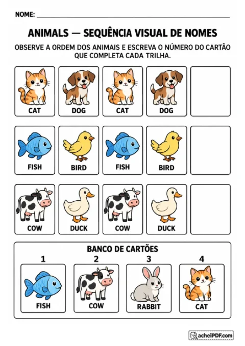Três trilhas alternadas de animais para completar sequências com cartões numerados