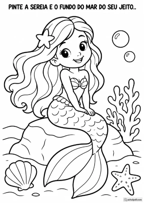 Sereia infantil para colorir com concha, estrela-do-mar, bolhas e coral em atividade para o Pré I.