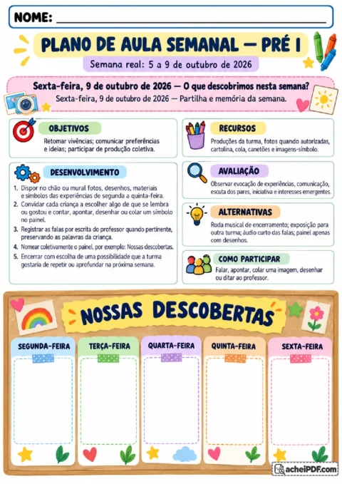Sexta-feira com roda de retomada e painel coletivo para compartilhar as descobertas da semana.