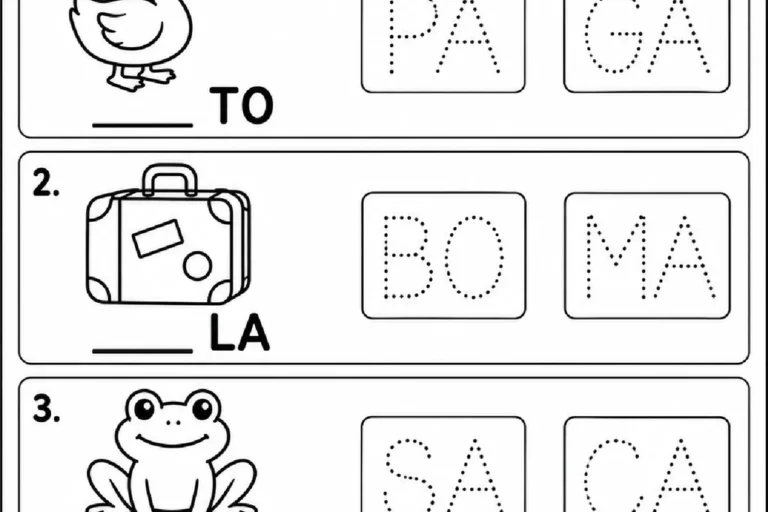 Sílabas iniciais pontilhadas para escolher e completar palavras como pato, mala, sapo e bola.