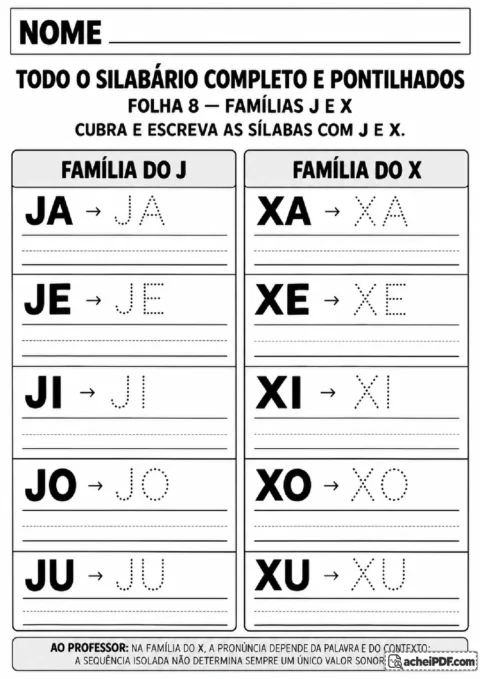 Folha de caligrafia com sílabas das famílias J e X para cobrir pontilhados e registrar as combinações.