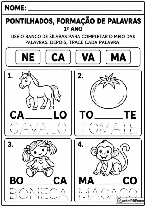 Banco de sílabas para completar a parte medial e depois traçar palavras como cavalo, tomate, boneca e macaco.