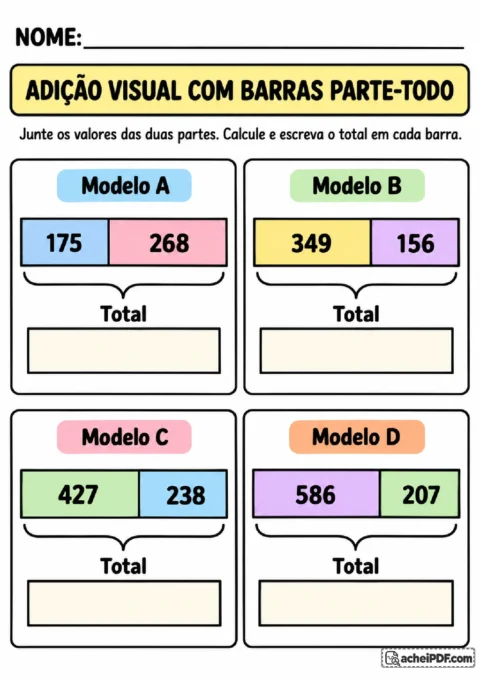 Modelos de barras parte-todo com duas quantidades para somar e completar o valor total