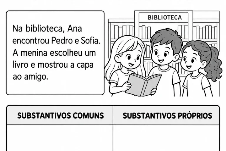 Atividade Detetives dos Substantivos com texto sobre biblioteca e classificação de nomes comuns e próprios