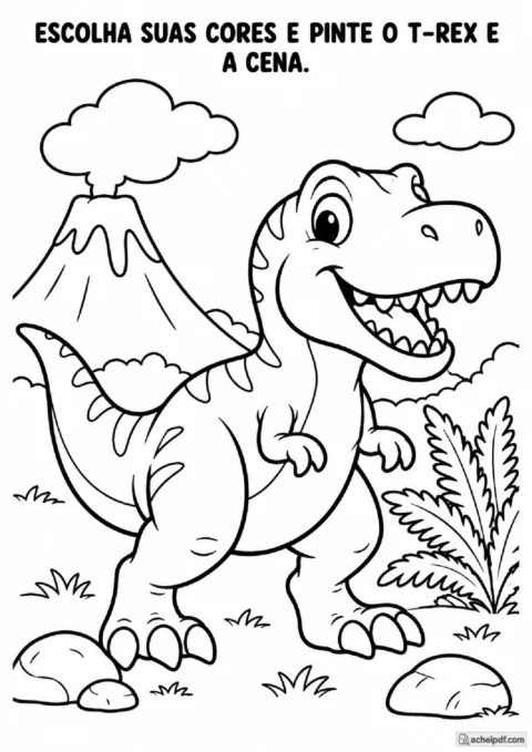 T-Rex infantil para colorir com samambaia, pedras, nuvem e vulcão em atividade para o Pré I.