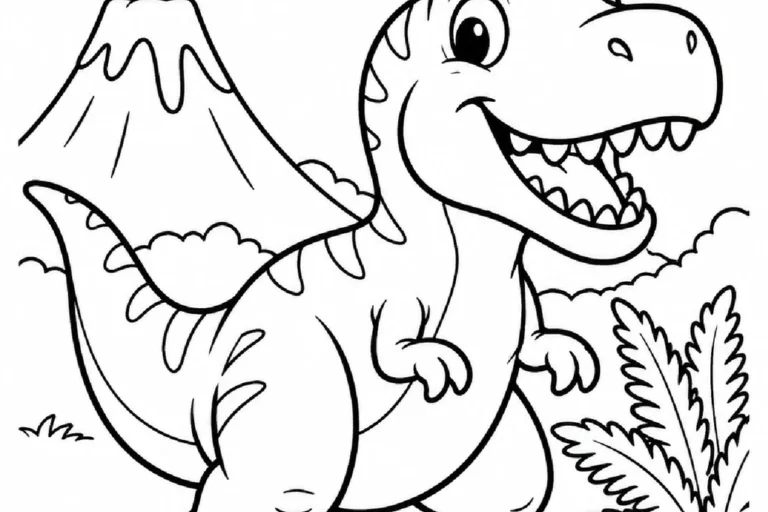 T-Rex infantil para colorir com samambaia, pedras, nuvem e vulcão em atividade para o Pré I.