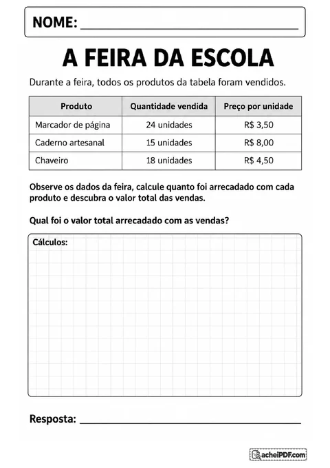 Tabela da feira escolar com quantidades e preços para calcular a arrecadação total