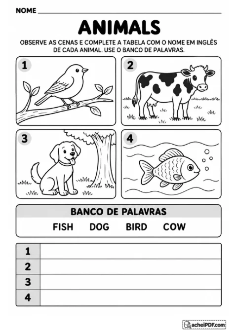 Quatro cenas com pássaro, vaca, cachorro e peixe para completar uma tabela em inglês