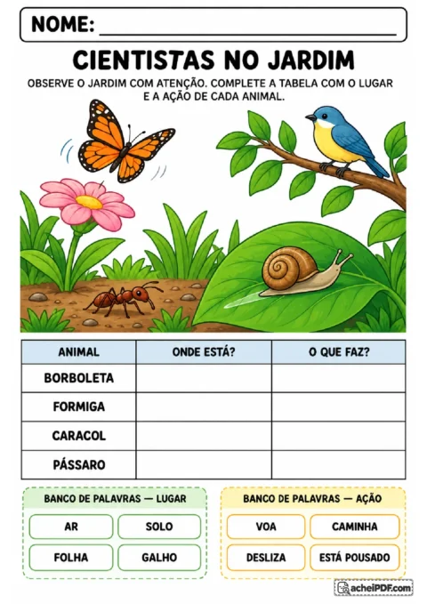 Cena de jardim com borboleta, formiga, caracol e pássaro para completar tabela de observação