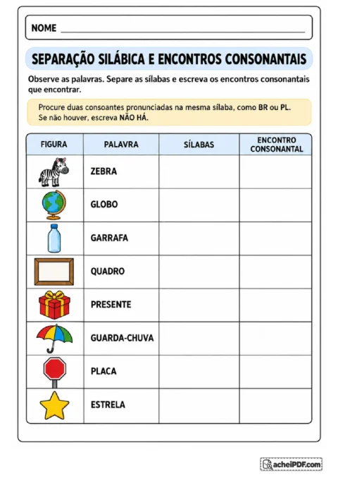 Tabela de separação silábica e identificação de encontros consonantais em zebra, globo, quadro e estrela.