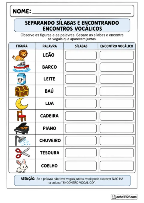 Tabela de separação silábica e encontros vocálicos com figuras de leão, barco, leite, baú e outras palavras.