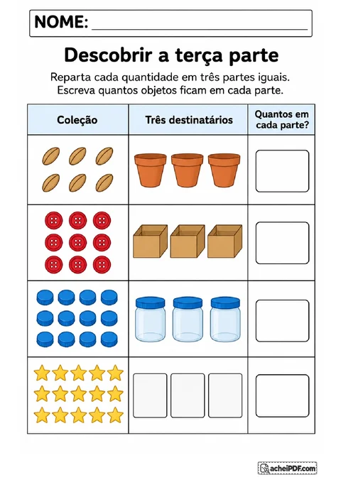 Tabela de terça parte com sementes, botões, tampinhas e estrelas distribuídos entre três grupos