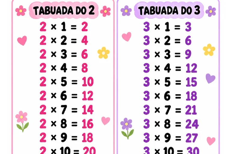 Tabuada do 2 ao 5 para Imprimir em Duas Versões