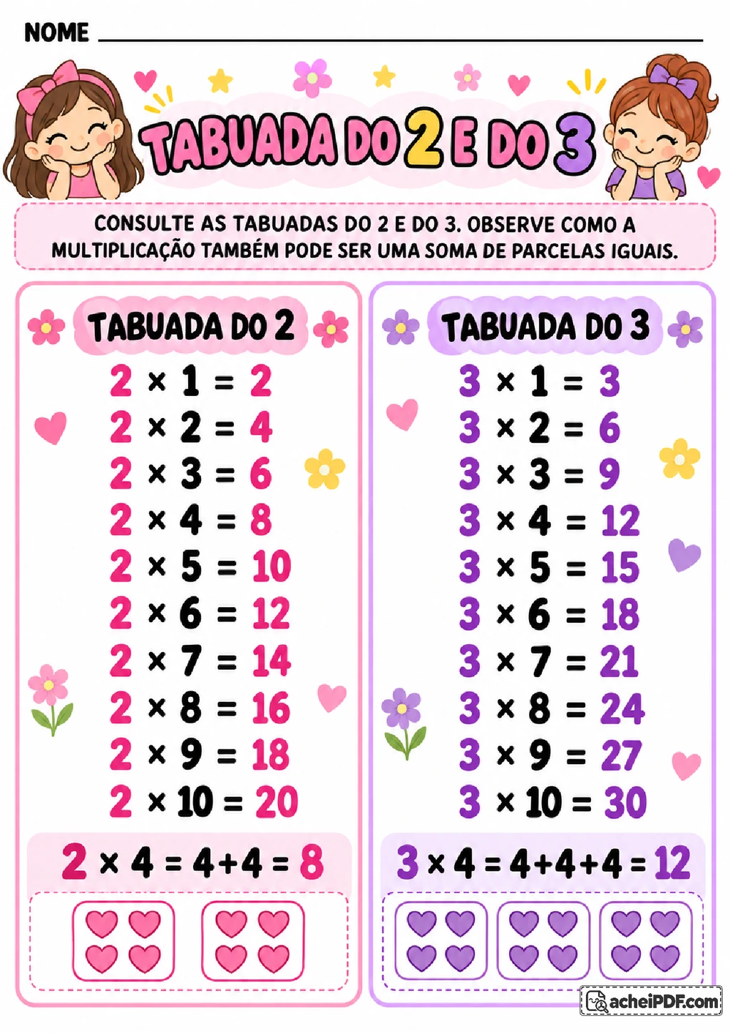 Tabuada do 2 ao 5 para Imprimir em Duas Versões