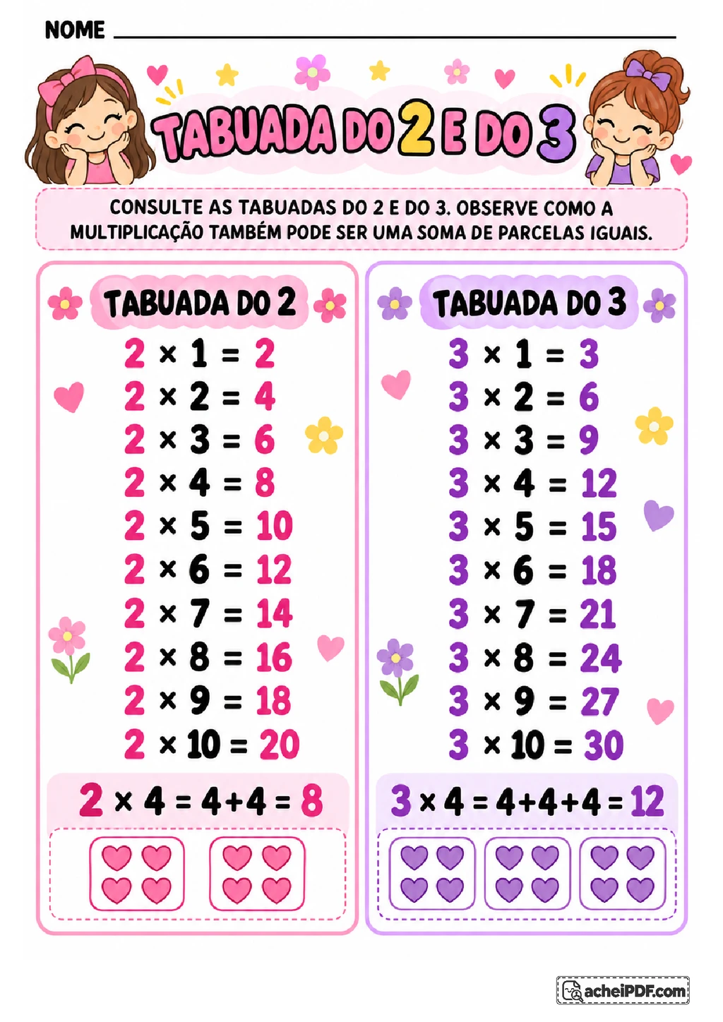 Tabuada do 2 ao 5 para Imprimir em Duas Versões