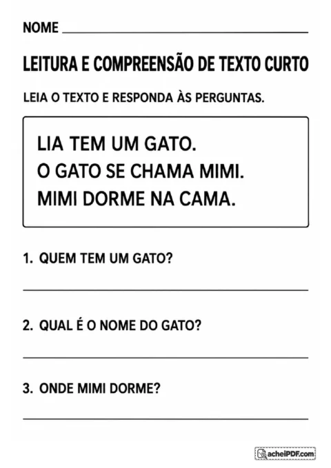 Texto curto sobre Lia e seu gato Mimi, com três perguntas de compreensão e linhas para escrever respostas.