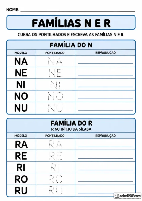 Exercício de traçado das famílias N e R com combinações vocálicas pontilhadas e reprodução escrita.