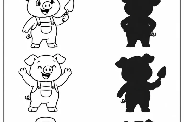 Três porquinhos com colher, braços levantados e chapéu para circular as sombras correspondentes