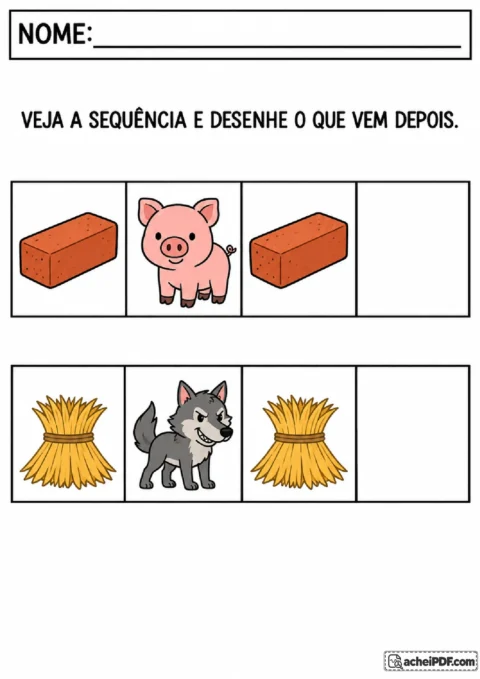 Sequências alternadas de tijolo e porquinho, palha e lobo, com espaços para completar os desenhos