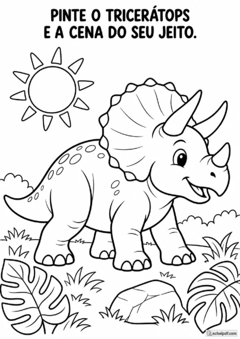 Tricerátops infantil para colorir com folhas tropicais, pedra e sol em atividade para o Pré I.