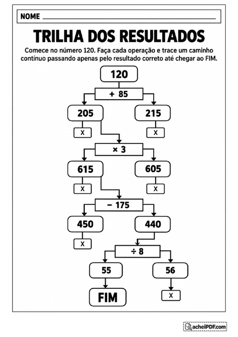 Trilha matemática com escolhas de resultados em operações sucessivas até chegar ao fim