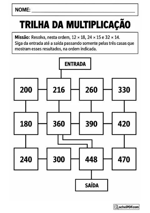 Trilha de multiplicação com resultados numéricos e caminho entre entrada e saída