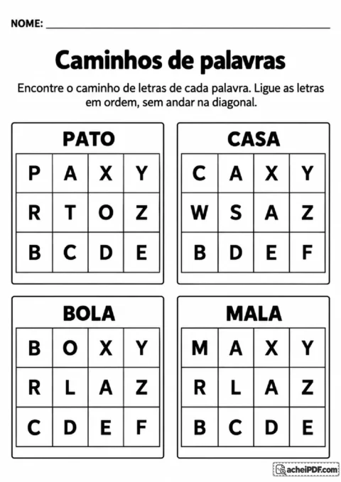 Trilhas de letras em quatro quadros para ligar sequências horizontais e verticais e formar palavras.
