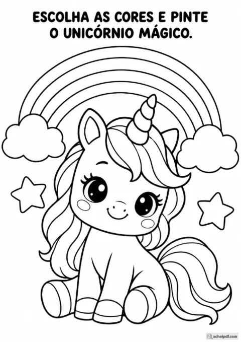 Unicórnio bebê para colorir com estrelas, nuvens e arco-íris em folha de fantasia para o Pré I.