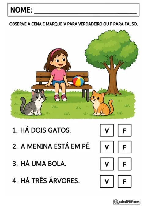 Cena de jardim com menina sentada, dois gatos, bola e árvore para marcar frases verdadeiras ou falsas.