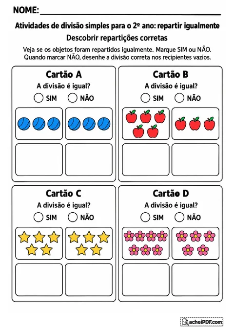 Distribuições de bolas, maçãs, estrelas e flores para marcar SIM ou NÃO e corrigir grupos desiguais