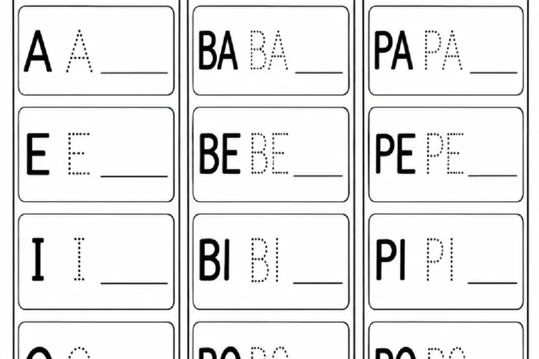 Vogais e famílias B e P com modelos de letras e sílabas pontilhadas para cobrir e reproduzir em pauta.